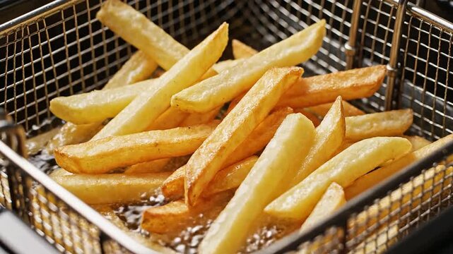 Golden Brown French Fries Frying In Hot Oil Inside A Deep Fryer, Perfect For Culinary And Food-Related Visuals