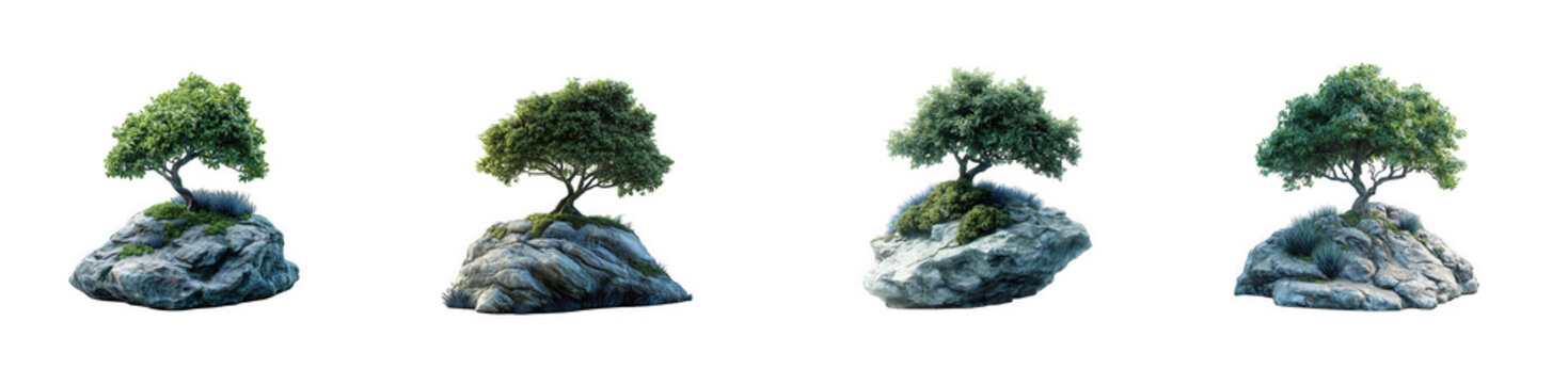 Collection of four small green bonsai trees growing on natural rocks isolated on transparent background