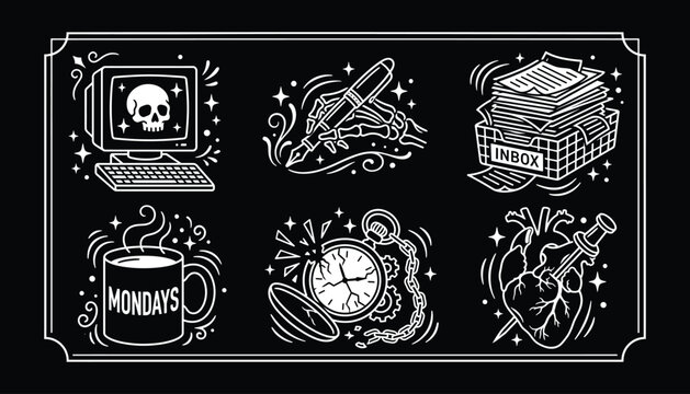 Office burnout tattoo flash collection featuring macabre work life icons in white line art style