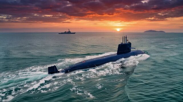 Aerial view above submarine crossing turquoise ocean, glowing sunset sky, cinematic military scene, 4K video