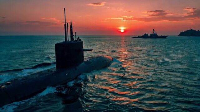 Aerial view above submarine crossing turquoise ocean, glowing sunset sky, cinematic military scene, 4K video