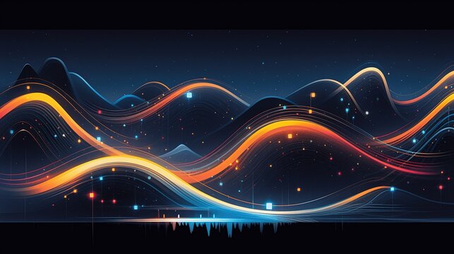 Digital rendered abstract backdrop with parallel serpentine S‑shaped light trails flowing from upper left to lower right on deep blue‑gray background, transitioning from blue‑orange lines