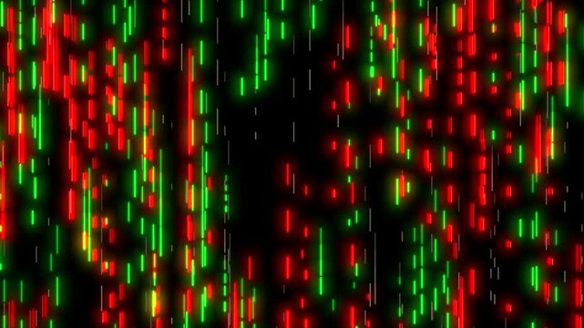Multi colored pixelated light particles falling down animation on black background