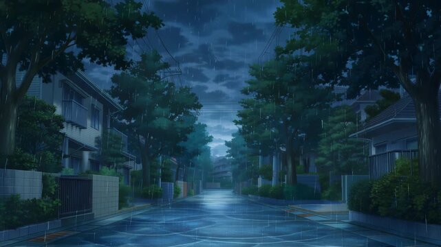 Quiet Street Scene During Rain in Suburban Neighborhood with Wet Pavement