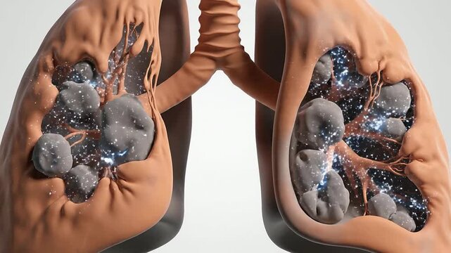 High-Resolution 3D Illustration of Human Lungs Affected by Emphysema with Detailed Alveolar Structure on a Plain White Background for Medical and Educational Purposes