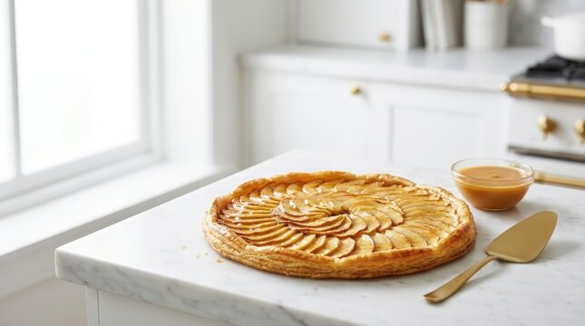 A fine apple tart with thin glazed slices and crisp golden pastry on a marble kitchen counter, representing a delicious homemade dessert perfect for holiday gatherings and cozy afternoon snacks.