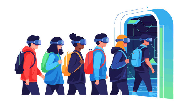 Immersive Learning Experience: Children wearing virtual reality headsets and backpacks queue up to enter a futuristic portal, embarking on an educational adventure.