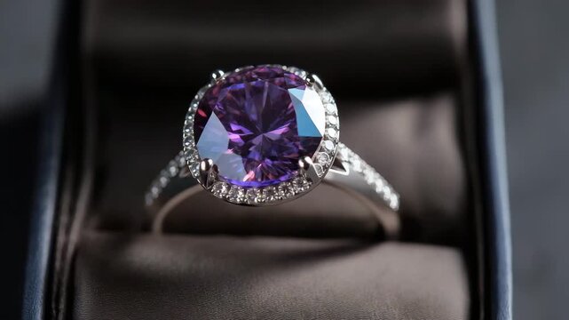luxury engagement ring with purple diamond in a ring box animation