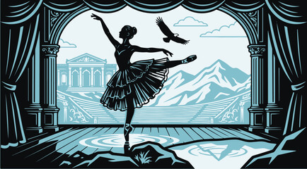 Minimalist two-tone silhouette of a ballerina dancing on theater stage vector illustration. © Aquariant