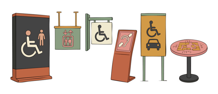 Accessibility Signage Set for Public Buildings and Wayfinding, Featuring Wheelchair Access, Braille Maps, Elevator and Hearing Loop Symbols in a Modern Flat Illustration Design for Inclusive Infrastru