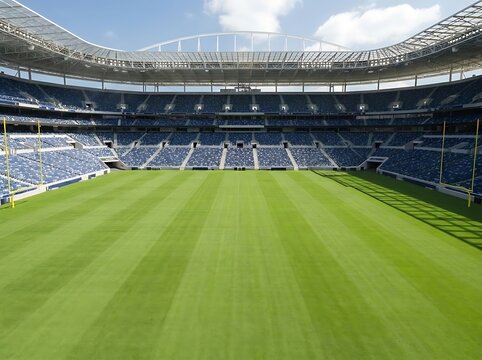 Empty green soccer field in a modern stadium under a bright sky with green grass sports venue stadium seating blue seats white lines game day architecture daylight