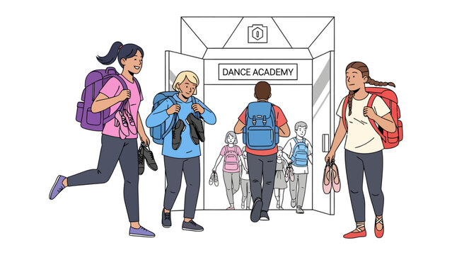 Students Arrive at Dance Academy: Young dancers, equipped with backpacks and ballet shoes, excitedly head towards the entrance of the Dance Academy, eager to begin their lessons.