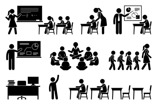 Black and white stick figure classroom scenes with teachers and students.
