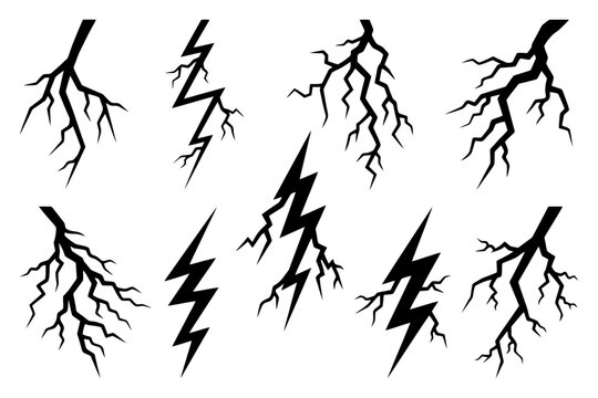 Set of eight black lightning bolt and branch silhouette designs on white background.