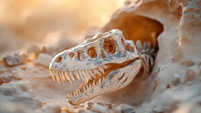 A dinosaur skull is seen emerging from rocks. The setting is warm and desert-like. The light casts shadows on the skull, highlighting its features at sunset