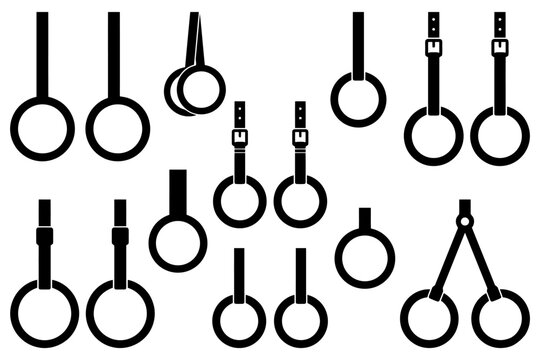 Variety of black gymnastics and fitness rings icons on white background.