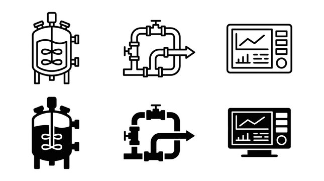 Industrial process manufacturing icons with reactor piping data monitoring display agitator industry