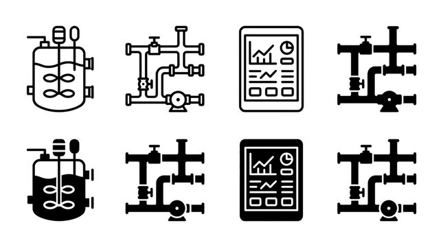 Industrial mixing tank pipe network data monitoring tablet icons in outline and solid styles with industrial