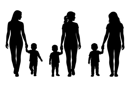 Silhouette of female figures walking with children in various stages.