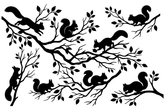 Silhouette of squirrels on branches with leaves in various dynamic poses.