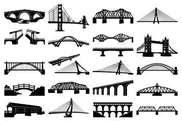 Naklejka premium Silhouette collection of iconic bridges from around the world.