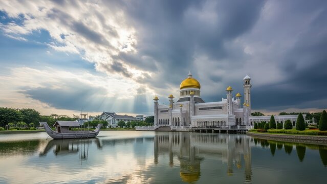 Dramatic Sky Over Omar Ali Saifuddien Mosque Reflection in Tranquil Lagoon Waterscape