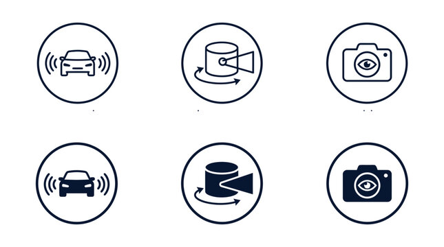 Round smart car technology icons featuring proximity sensors, 360 degree scanner, and visual camera eye