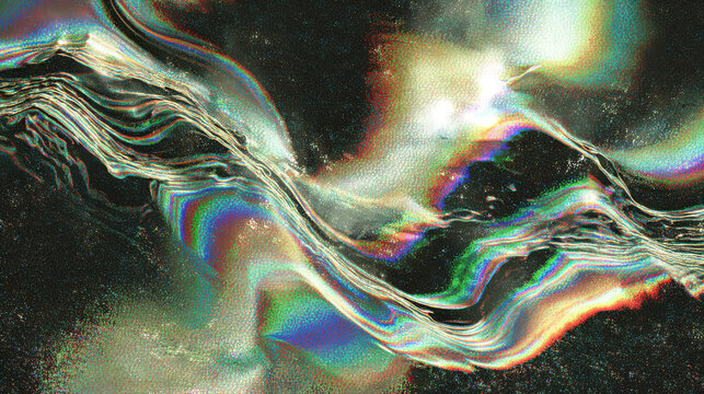 Ethereal iridescent wavy liquid surface with prismatic light reflections abstract rainbow