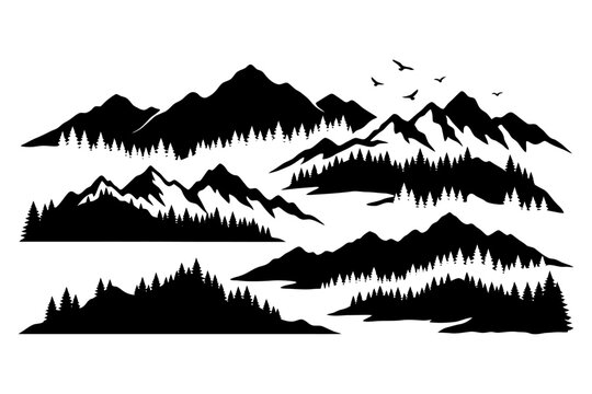 Silhouette mountain ranges with pine trees and birds in black and white.