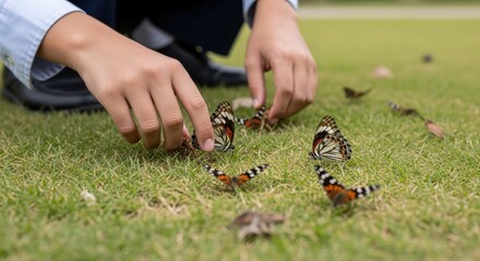 Fototapeta premium Hands gently interacting with butterflies on green grass in a garden setting, showcasing nature's delicate beauty and insect wildlife.