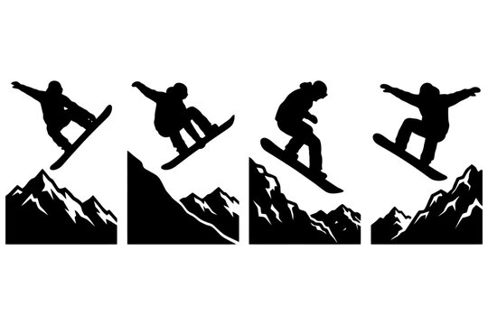 Silhouette sequence of snowboarder performing jumps in mountainous terrain.