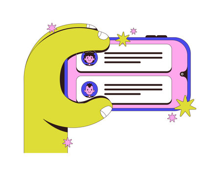 Holding phone horizontally with chat interface neubrutalism instruction graphic. Communication in landscape orientation. Mobile interaction. Smartphone app. Tutorial UI design. Flat 2D illustration