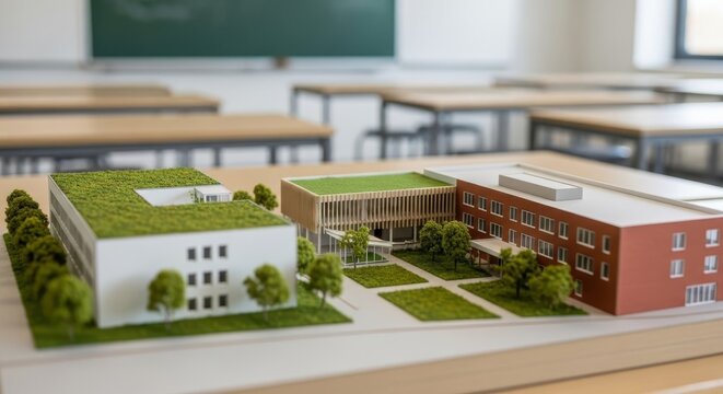 Detailed architectural model of a modern educational campus with green roofs and surrounding landscape