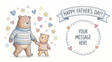Fototapeta premium Cute Father’s Day family illustration card with teddy bear characters and love message