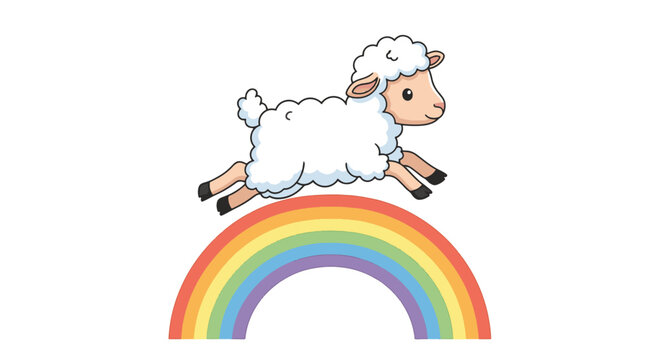 Cute baby lamb jumping over a colorful arched rainbow in a minimalist flat vector illustration style, fluffy white sheep character mid-air with a playful expression on a white background.