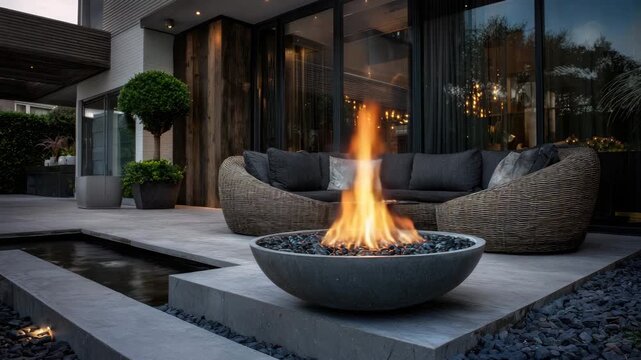 outdoor fire bowl of a terrace in luxury garden animation