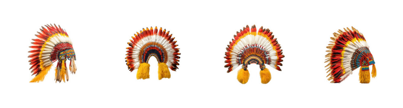 Set of four traditional native american feathered headdresses isolated on transparent background