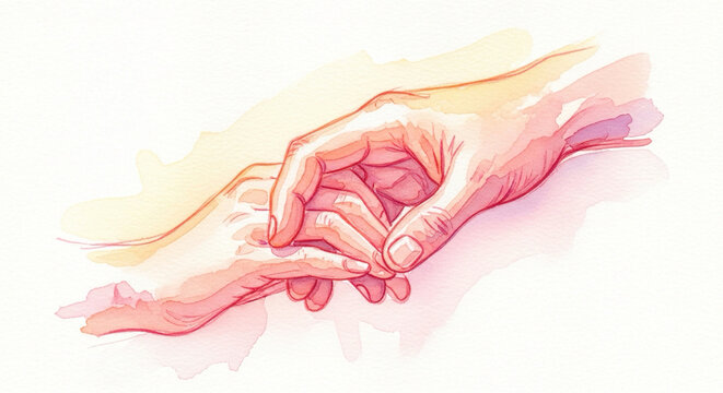 Intertwined hands in a gentle supportive gesture on a soft watercolor background