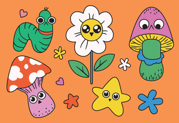Obraz premium Groovy floral set. Cute collection of design elements in retro cartoon style. Funny happy daisy flower, gloomy mushroom, caterpillar character, isolated plants in bright colors. Vector illustration.