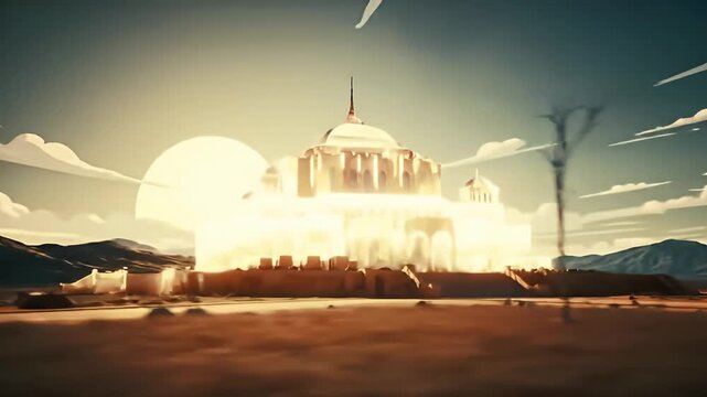 Cartoon rendering of a sprawling brick building complex in an arid desert landscape