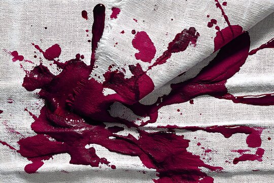 Splattered blood on white cloth with macro shot Concept of violence, crime, and death.