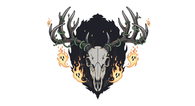 Vector illustration of a cursed deer skull spirit with glowing antlers and mystical energy, dark fantasy artwork featuring skeletal animal remains and occult spirit themes.