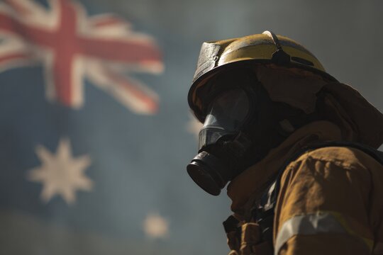 Firefighter stands with Australian flag while in full gear during a fire response at a field in Australia