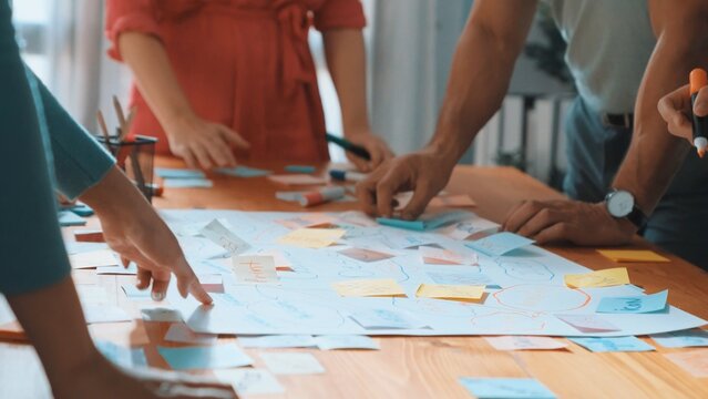 Close up of developer team using mind map to brainstorm idea. Top view of skilled group of business people working together writing marketing strategy by using markers and sticky notes. Symposium.