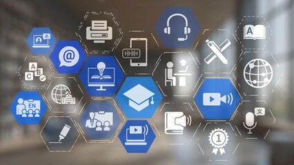 Naklejka premium Online education icons show e-learning, online education classes, and digital study. Online education enables global online education access, flexible learning. Gist
