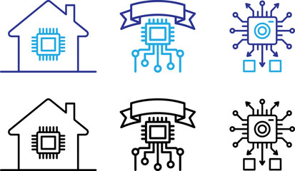 Fototapeta premium smart home technology and cpu processor icons set featuring house chip circuit and data network