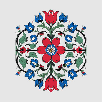 Symmetrical folk art floral pattern featuring stylized red tulips and blue cornflowers, inspired by traditional Polish Wycinanki paper cutting style.