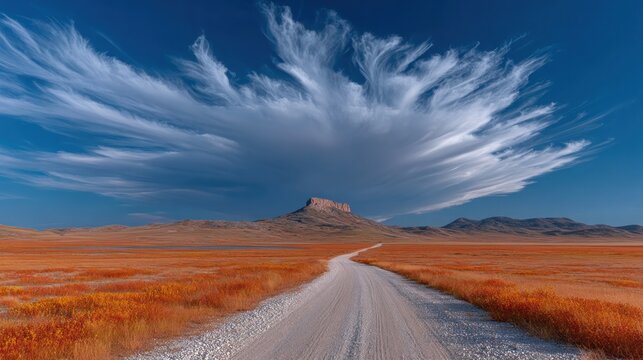 A dirt road leads towards a solitary mesa under an intricate cloud formation