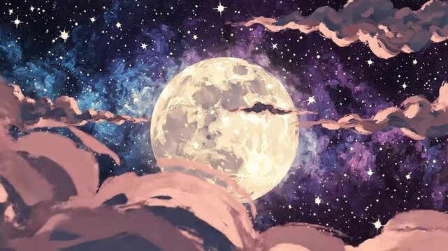 Ethereal animated art of the moon and stars with brushstrokes evoking dreams and celestial beauty