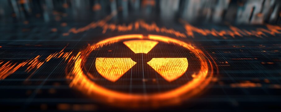 A glowing light radiation or nuclear symbol enclosed within a digital HUD circle, reflective high-tech grid surface, creating an atmosphere of caution, nuclear energy, cybersecurity crisis.